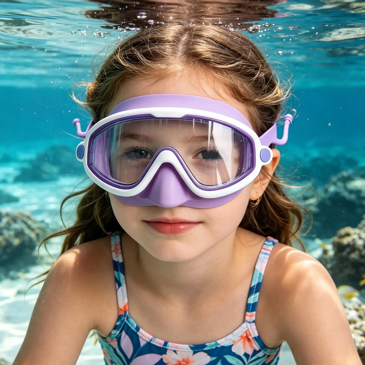 A young girl wearing purple swimming goggles with clear lenses underwater.
