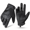 A pair of black tactical touch screen gloves shown against a white background.