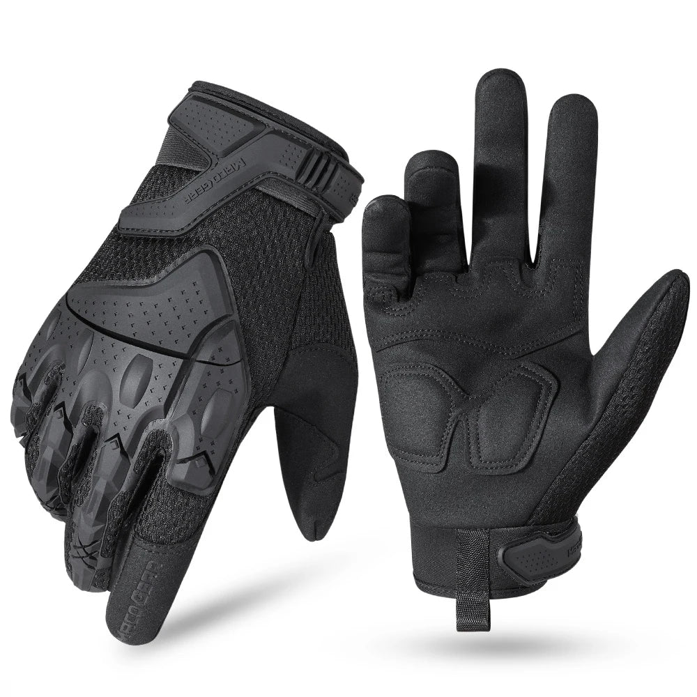 A pair of black tactical touch screen gloves shown against a white background.