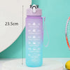 A purple sports water bottle with a straw and motivational time markers is shown against a light teal background.