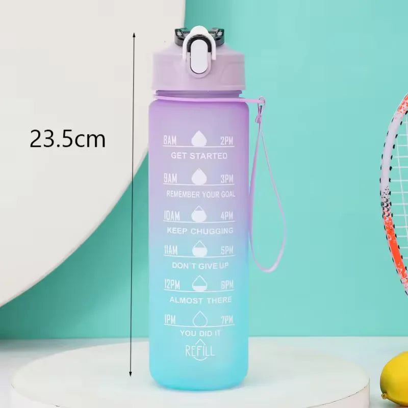 A purple sports water bottle with a straw and motivational time markers is shown against a light teal background.