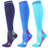 Three pairs of medical grade compression socks in navy blue, royal blue, and cyan