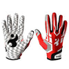 Une paire de gants sport anti-dérapants de style rugby rouge et blanc sur fond blanc.