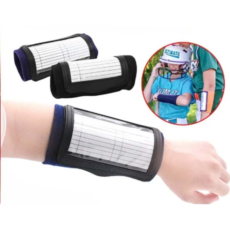 A black football training wrist guard with a clipboard cover is shown on a person's arm and in a circular inset.