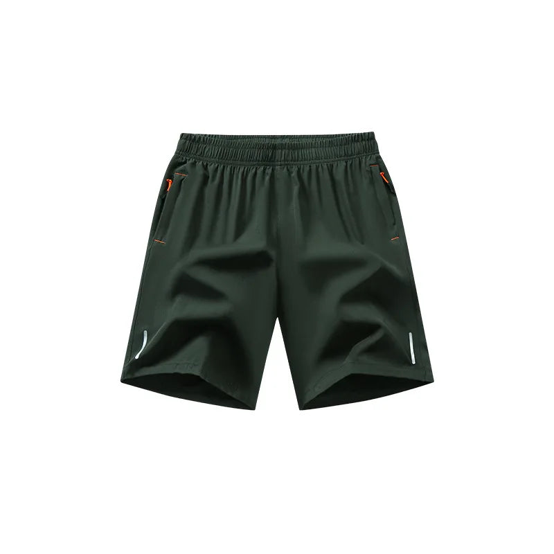 Dark green men's lightweight quick-dry running shorts shown flat lay.