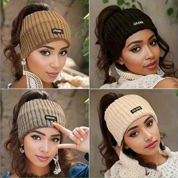 امرأة تعرض ربطة رأس محبوكة بنية تحمل اسم العلامة التجارية GRANK، ومصففة على شكل كعكة.
