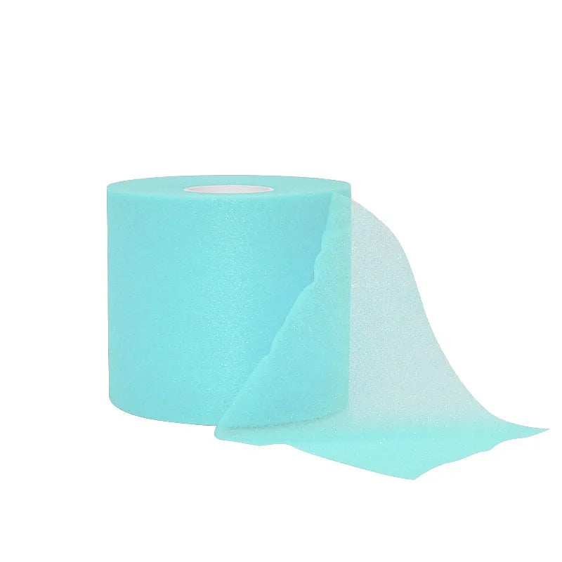 Roll of light blue protective foam athletic tape wrap with a section unwrapped.