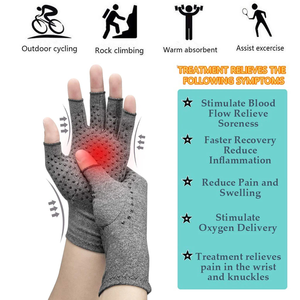Gray compression gloves for hand and wrist relief, shown alongside sports activities.