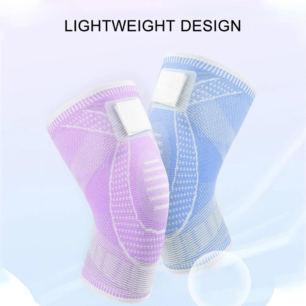Lightweight knee compression sleeve in purple and blue for pain relief