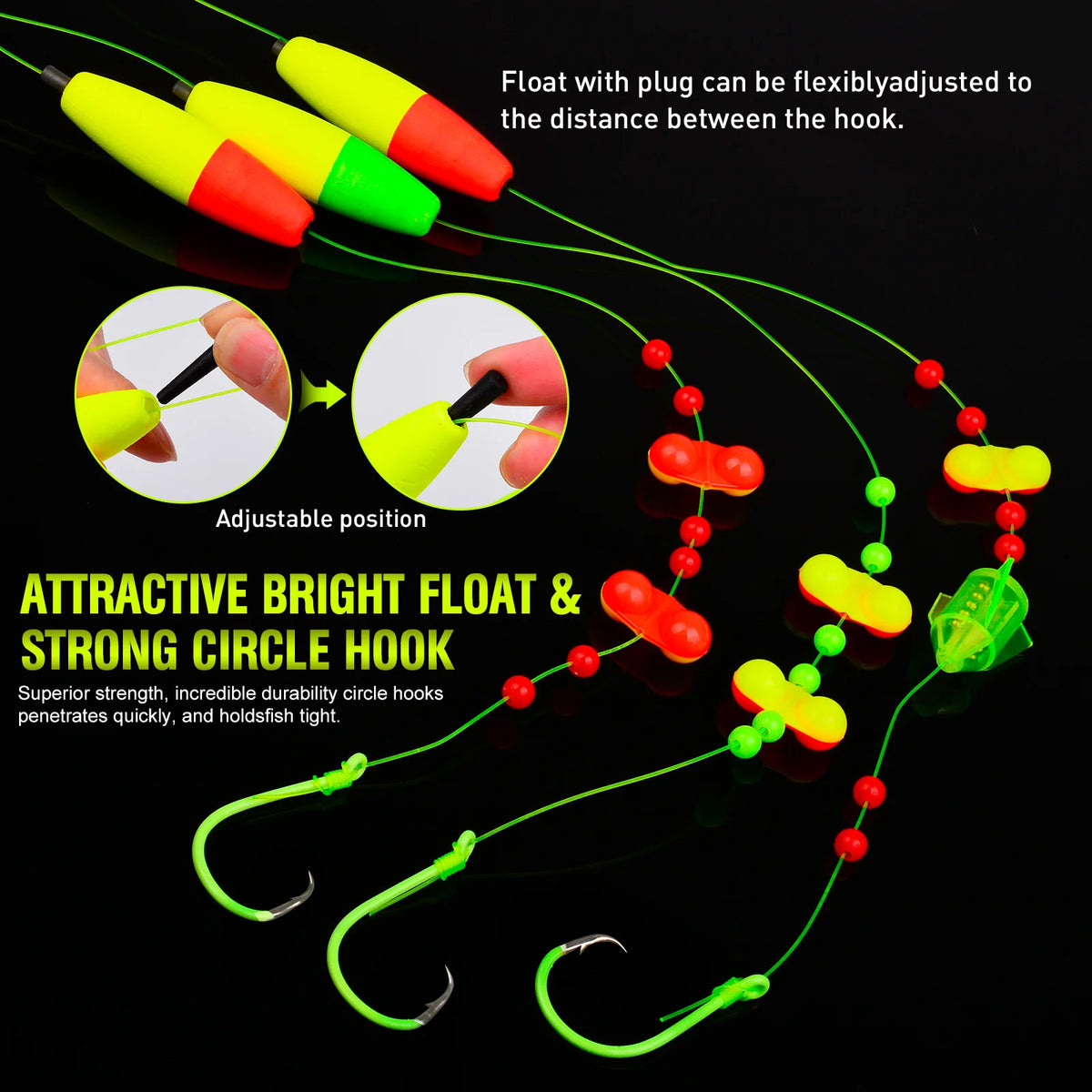 Five bright colored float rigs with circle hooks and a plug for adjustable distance