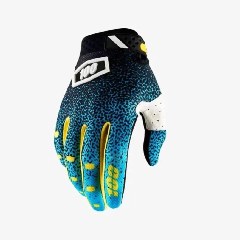 A close-up view of a blue and black durable motorcycle off-road cycling glove with yellow accents.