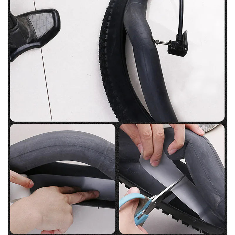 Hands are shown installing a bicycle puncture protection liner onto a tire.