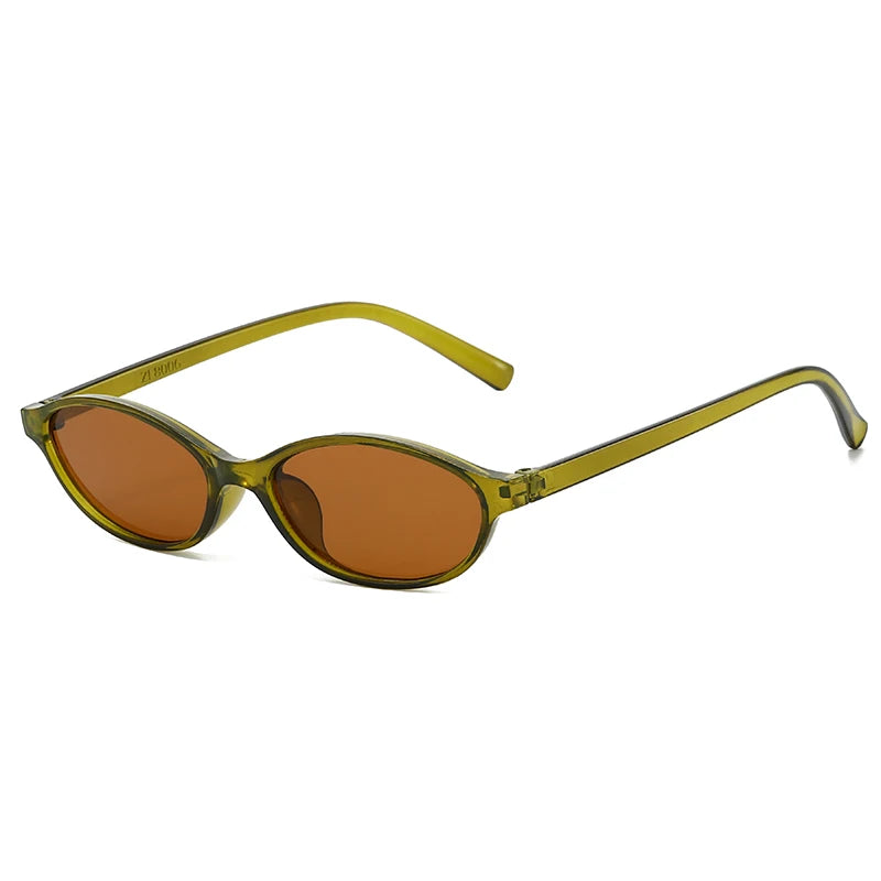 Retro oval frame sunglasses with amber tinted lenses and gold-toned metal arms