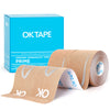 A roll of OKTAPE kinesiology tape is shown next to its box, highlighting the product for muscle and joint support.
