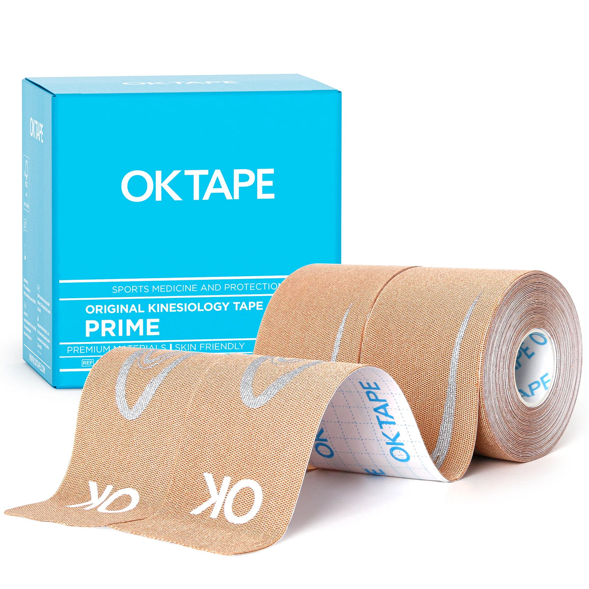 A roll of OKTAPE kinesiology tape is shown next to its box, highlighting the product for muscle and joint support.