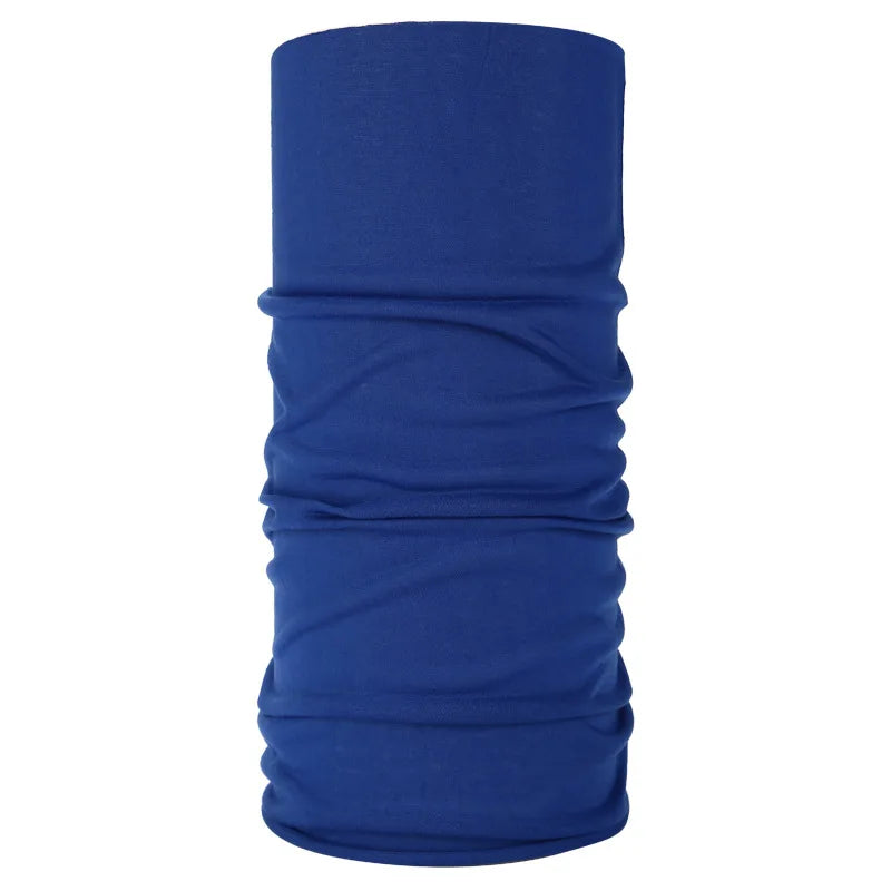 A navy blue seamless fabric headband or balaclava rolled into a cylinder shape.