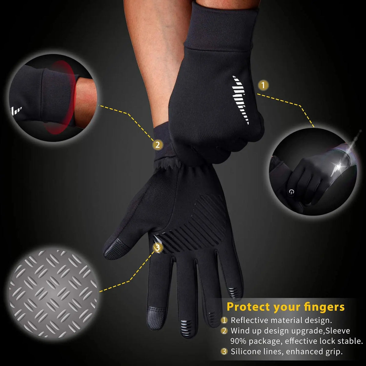Black touchscreen gloves with reflective material design and silicone grip for winter sports