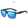Gafas polarizadas negras con lentes espejados azules y marco negro.