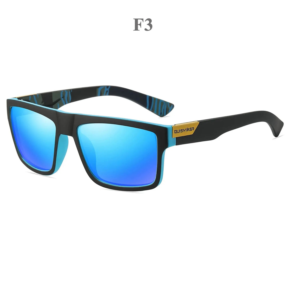 Gafas polarizadas negras con lentes espejados azules y marco negro.