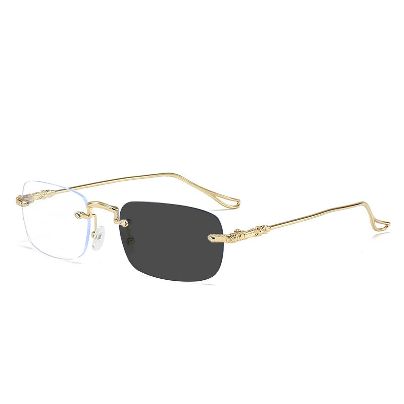 A pair of frameless rectangle blue light blocking glasses with gold accents.