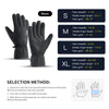 A set of black durable insulated ski and outdoor sports gloves shown with size chart details.