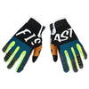 Une paire de gants de motocross noir et bleu sarcelle avec des accents blancs et jaunes.