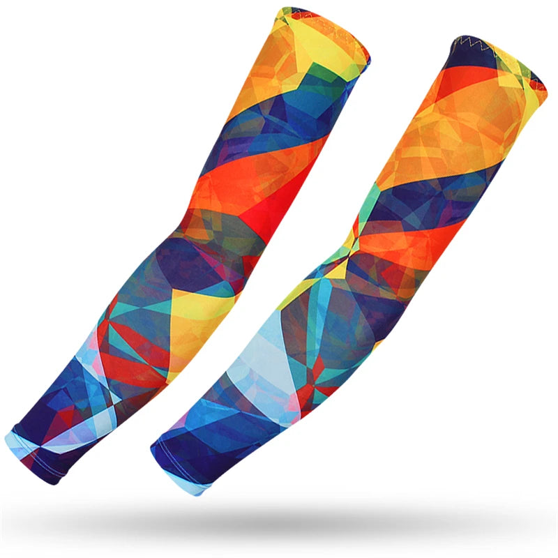 Two colorful multi-use sports arm sleeves displaying a geometric pattern for UV protection.