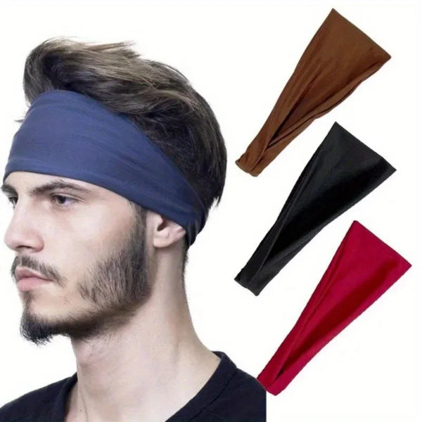 Un homme portant un bandeau de sport bleu foncé, avec des échantillons séparés de bandeaux marron, noir et rouge.