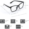 A pair of black anti-blue light gaming glasses shown from the front and side, with detailed measurements provided.