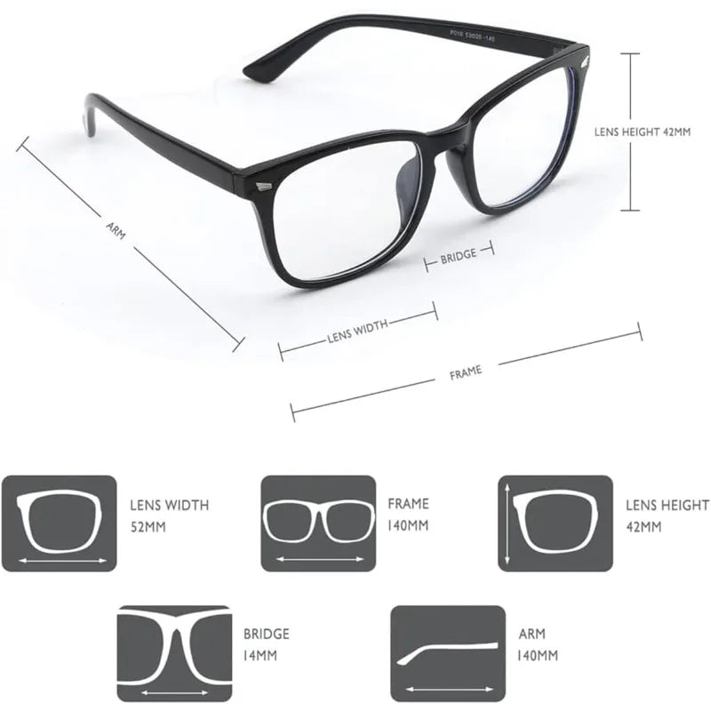 A pair of black anti-blue light gaming glasses shown from the front and side, with detailed measurements provided.