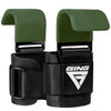 A pair of dark olive green heavy duty weight lifting hooks with black wrist wraps.
