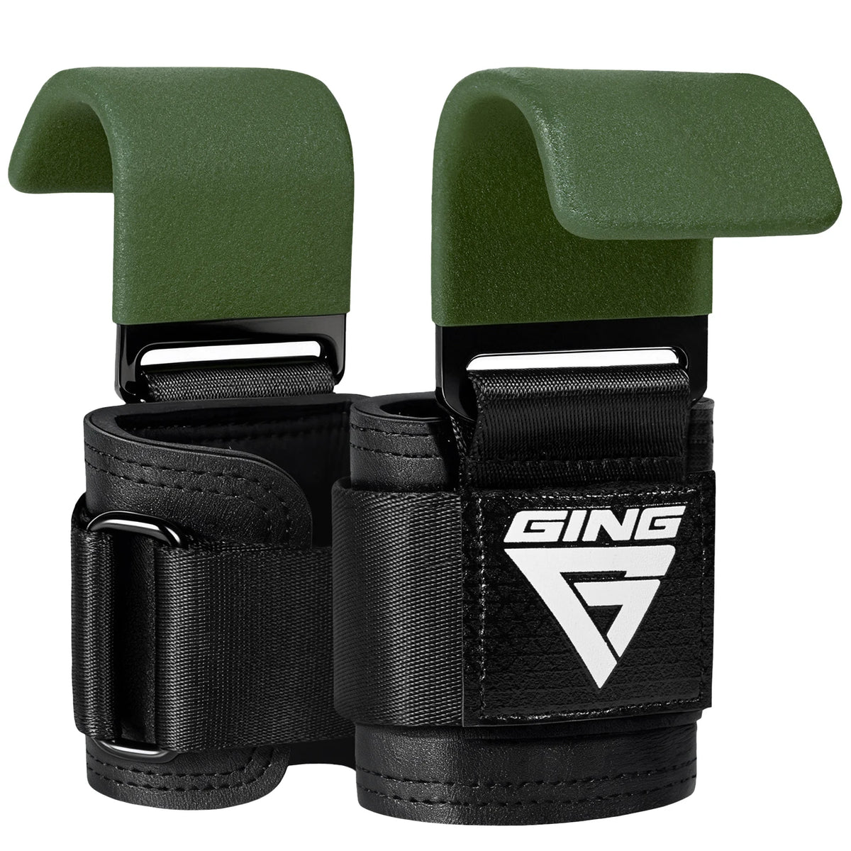 A pair of dark olive green heavy duty weight lifting hooks with black wrist wraps.