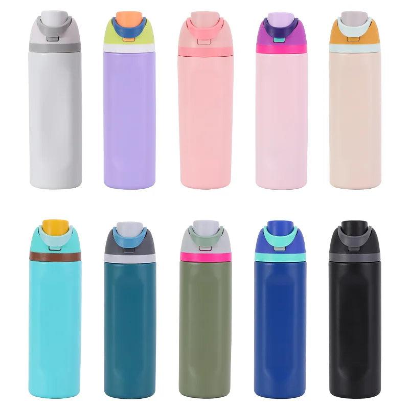 A row of ten stainless steel insulated fitness cups in various colors including gray, purple, pink, and blue.