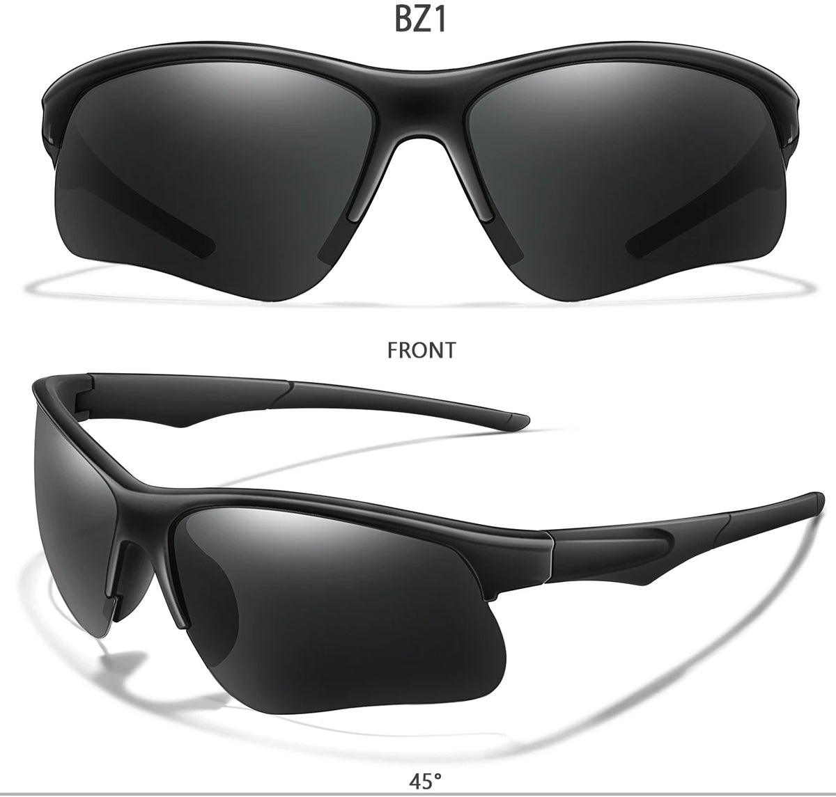 A pair of black sport sunglasses shown from the front and a 45-degree angle.