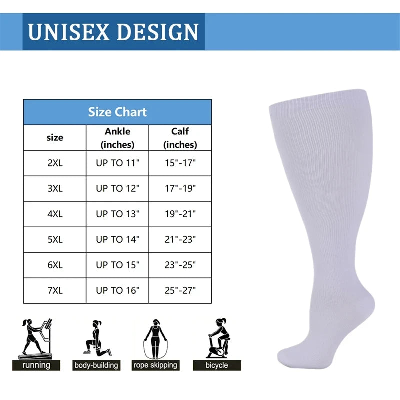 Size chart and illustration of compression socks for running, body-building, rope skipping, and bicycle activities.