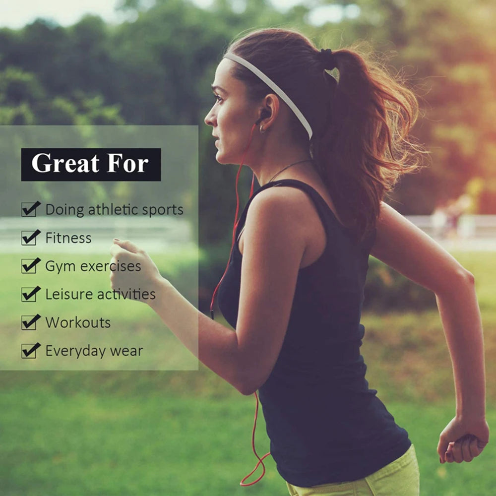 A woman with long hair wearing a headband is exercising outdoors, demonstrating uses for athletic sports and fitness.