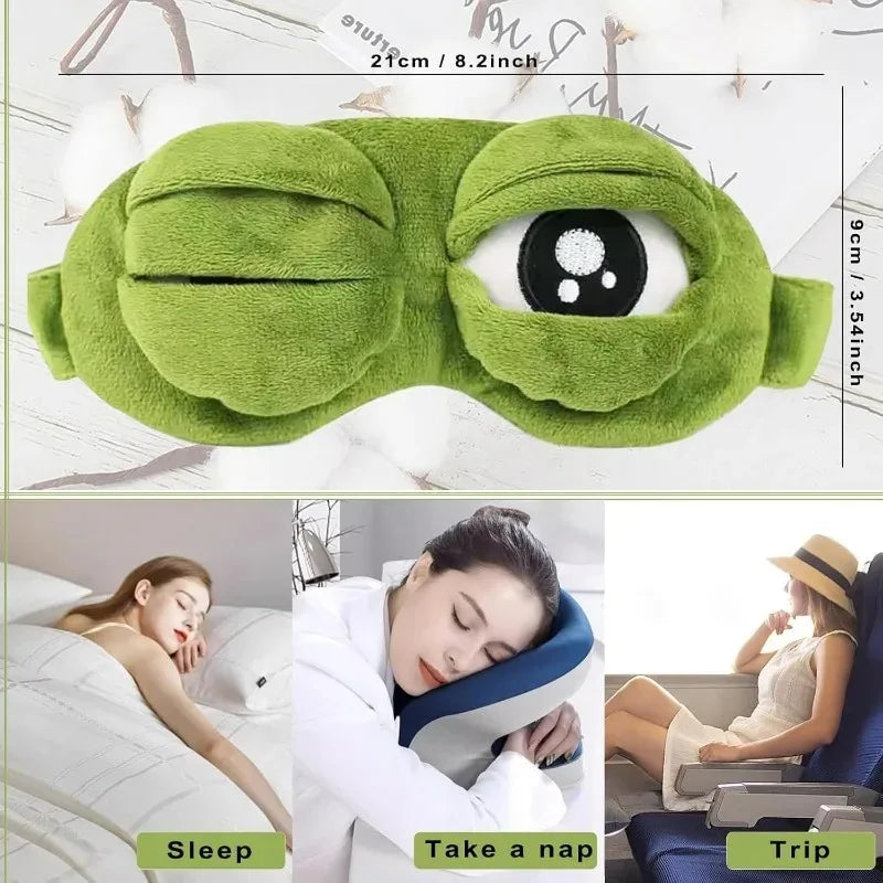 Green 3D sad frog eye mask used for sleep, nap, or travel.