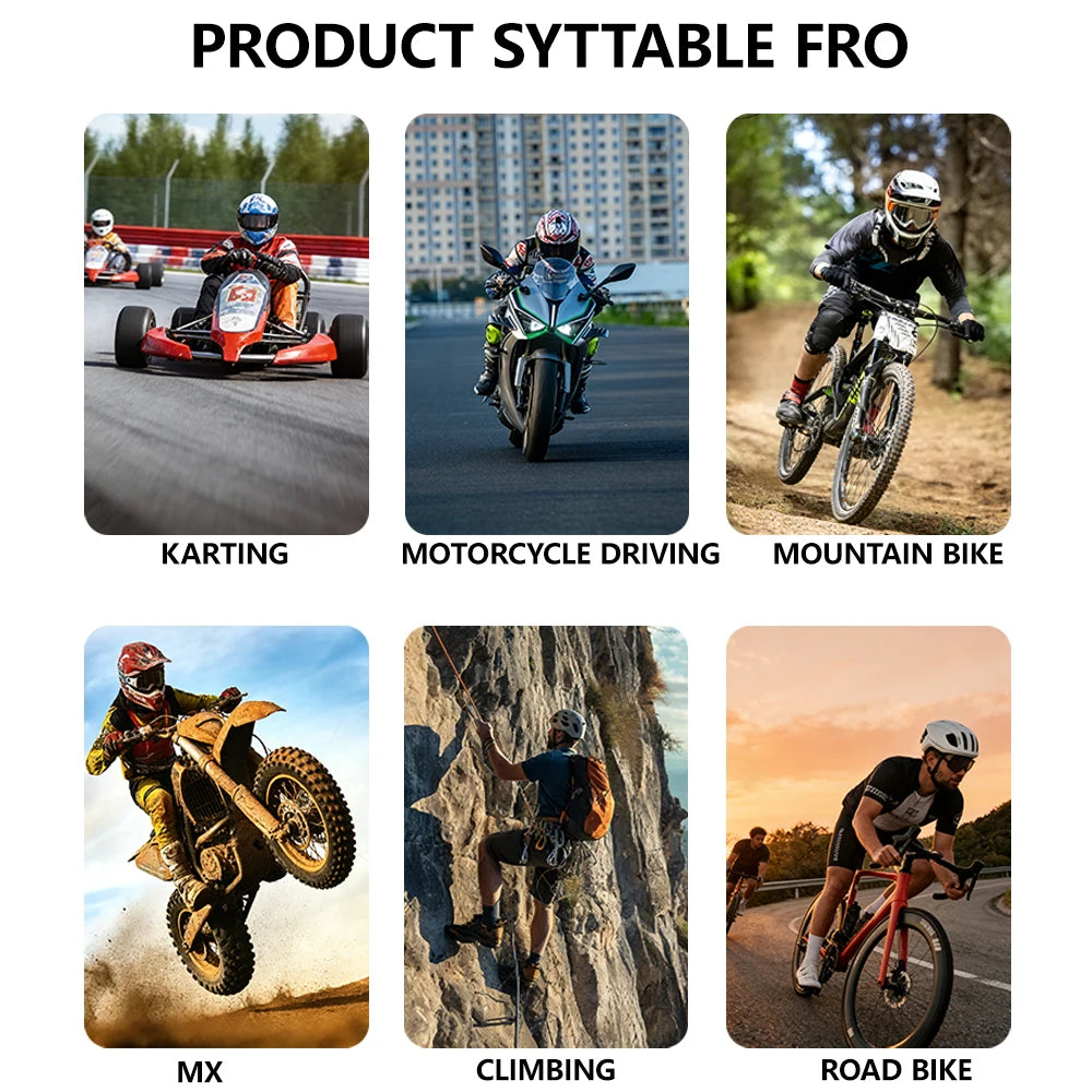 A collage showing various activities like karting, motorcycle driving, mountain biking, motocross, climbing, and road biking.