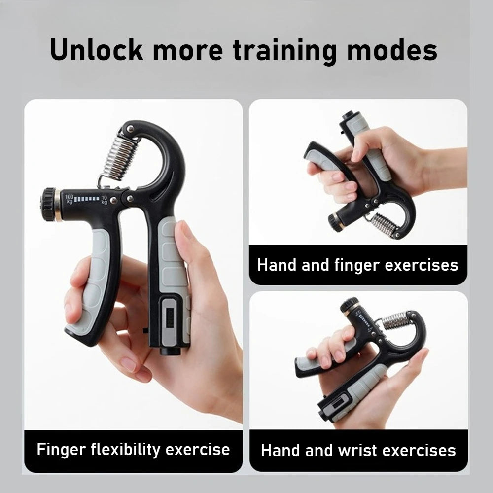 A hand grip strengthener device shown in various modes including hand and finger exercises and hand and wrist exercises.