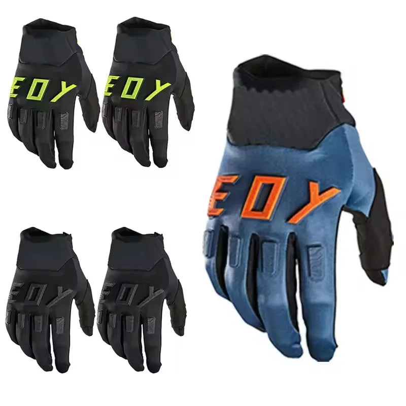 A set of heavy duty full finger off-road motorcycle gloves in black and blue with yellow accents.