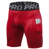 Shorts deportivos rojos de compresión con cintura negra y un bolsillo en el muslo.