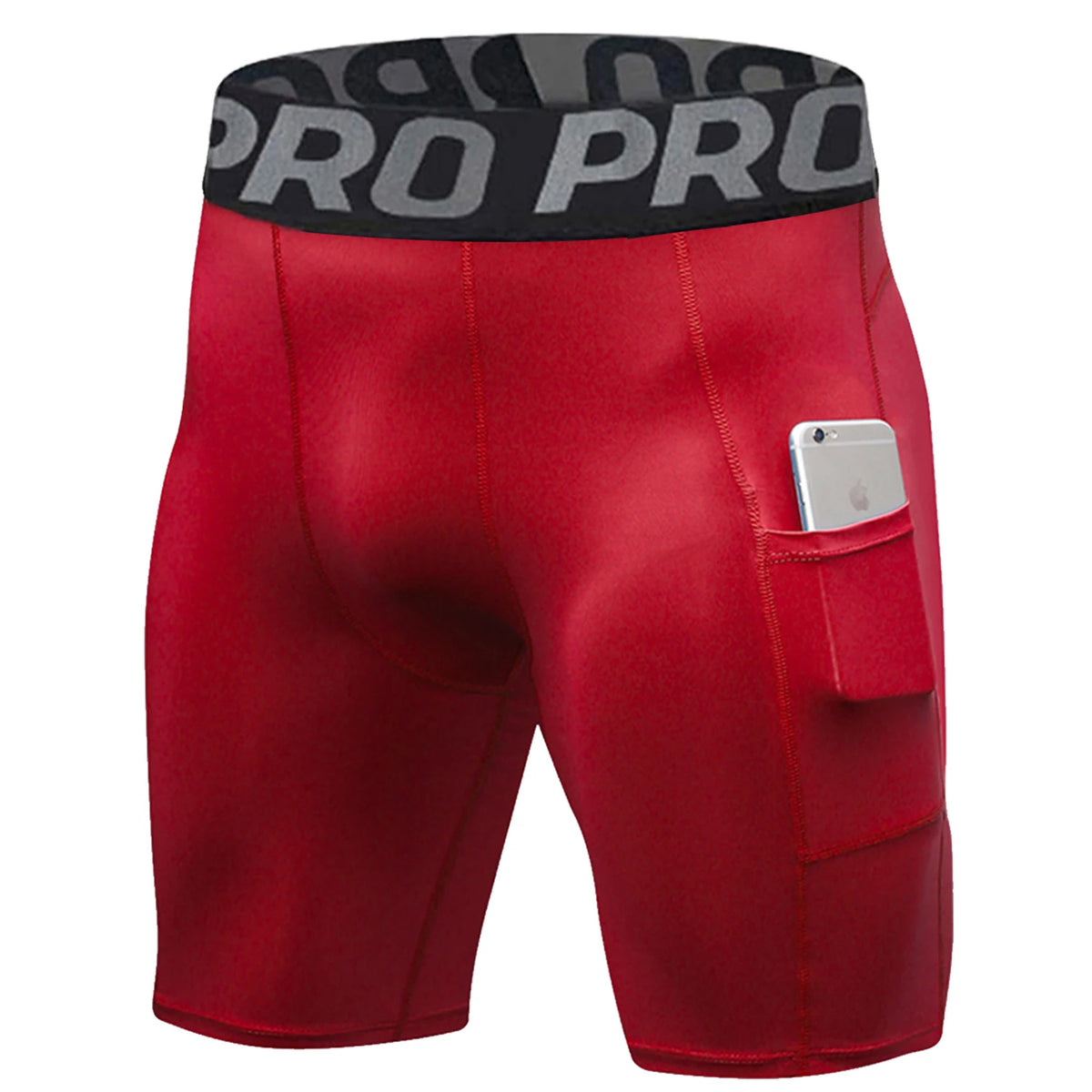 Shorts deportivos rojos de compresión con cintura negra y un bolsillo en el muslo.