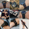 Various close-up shots of nylon quick release watch bands on wrists and watches.