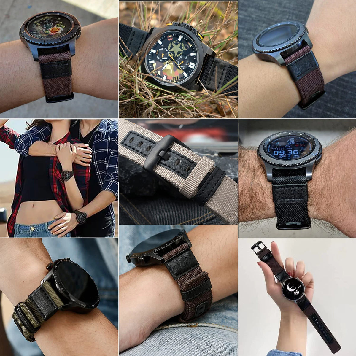 Various close-up shots of nylon quick release watch bands on wrists and watches.