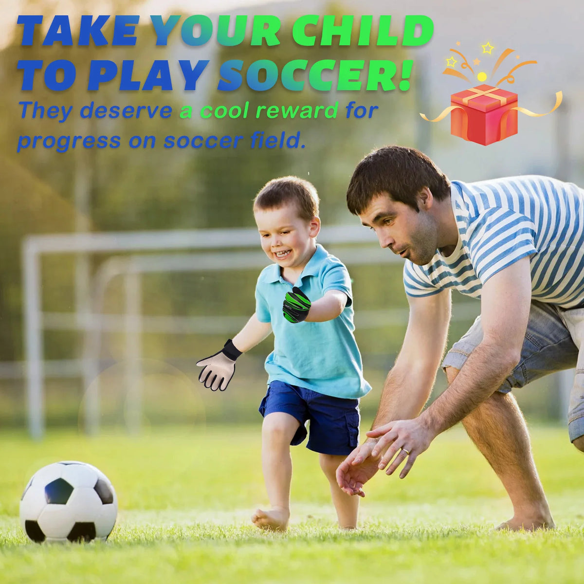A young boy playing soccer with a goalie glove on a green field.