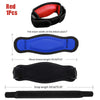 Red elbow support brace with black strap and blue padding shown in various views