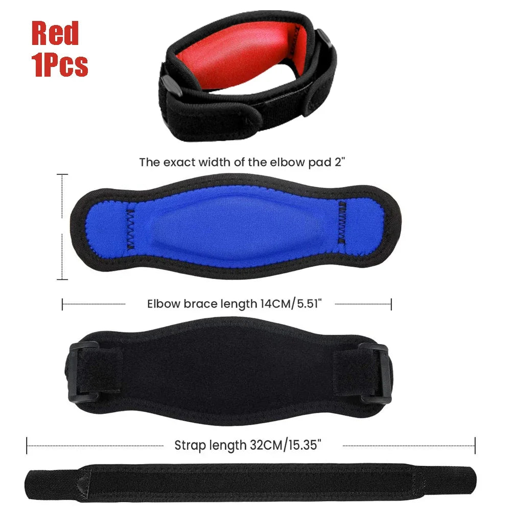 Red elbow support brace with black strap and blue padding shown in various views