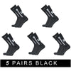 Five pairs of black anti-slip silicone grip football socks displayed in various angles.