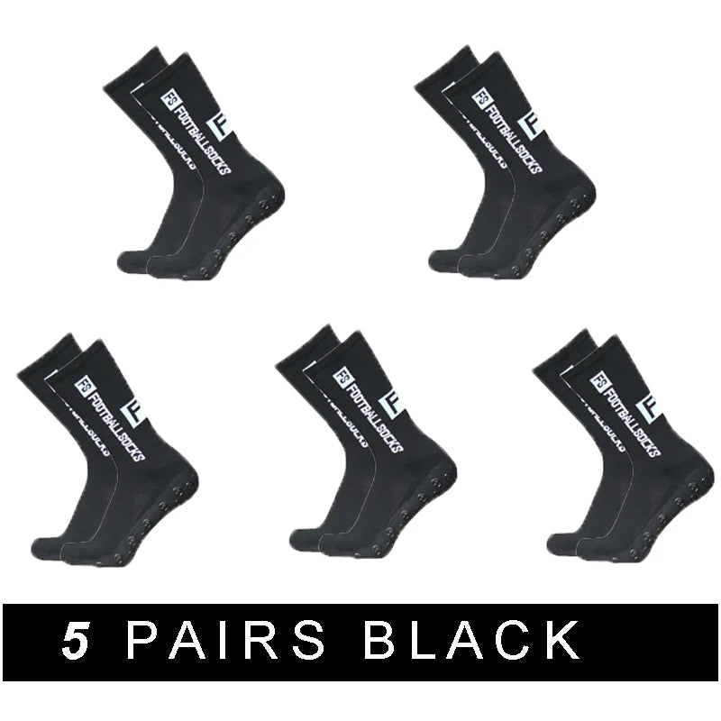 Five pairs of black anti-slip silicone grip football socks displayed in various angles.