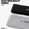 A black hair band and a gray hair band are shown, emphasizing high-quality fabrics for athletic use.